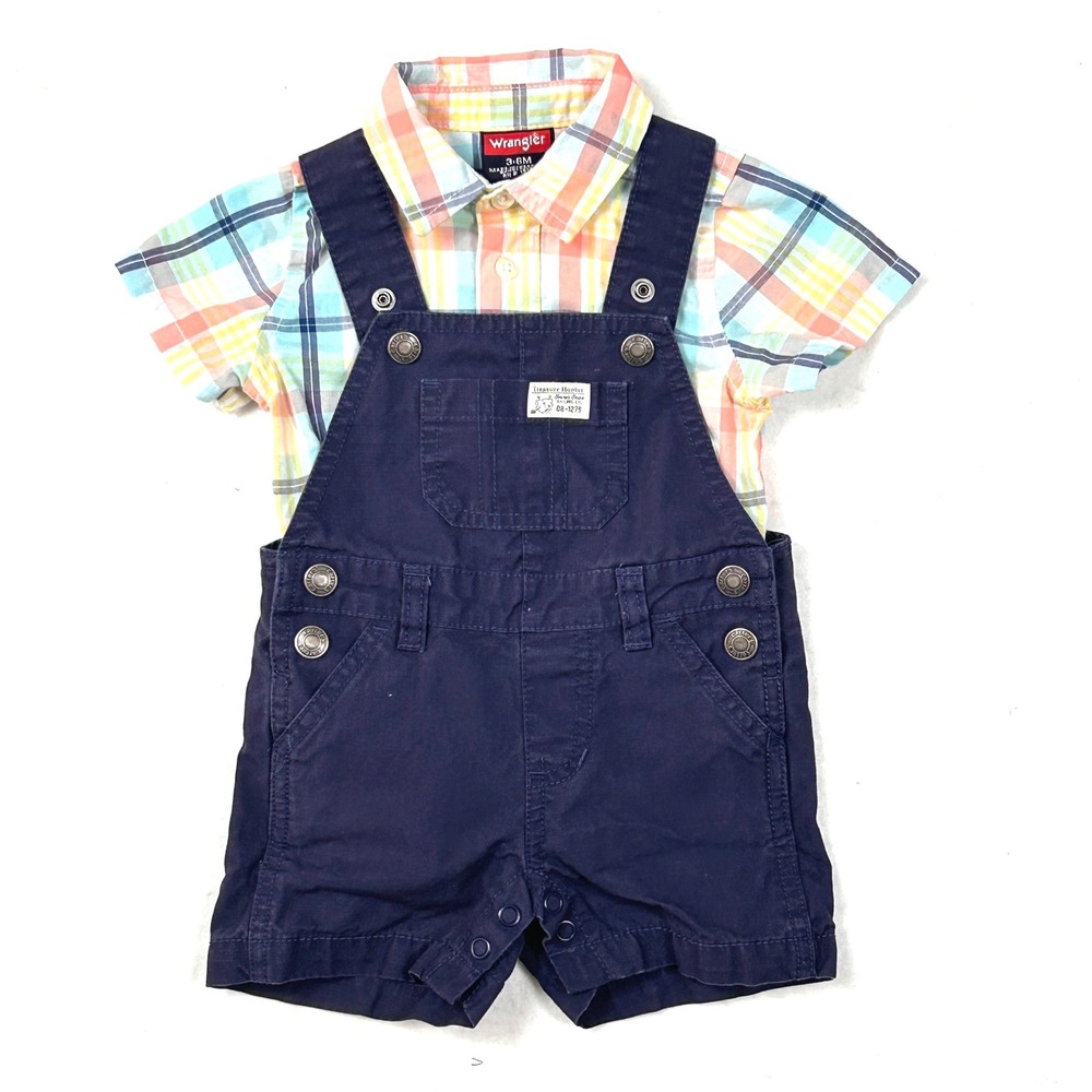 Wrangler Carters Baby Boys Plaid Bodysuit Navy Canvas Overalls Set 6M Blue Multi